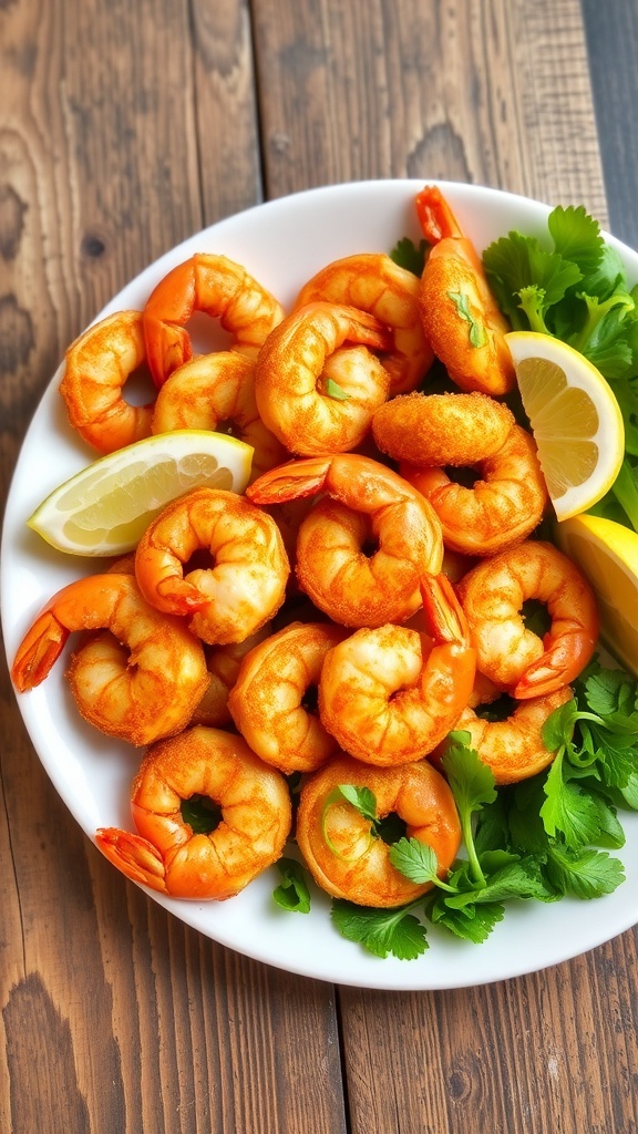 Crispy shrimp on a plate with lemon wedges and greens, showcasing a golden-brown coating.